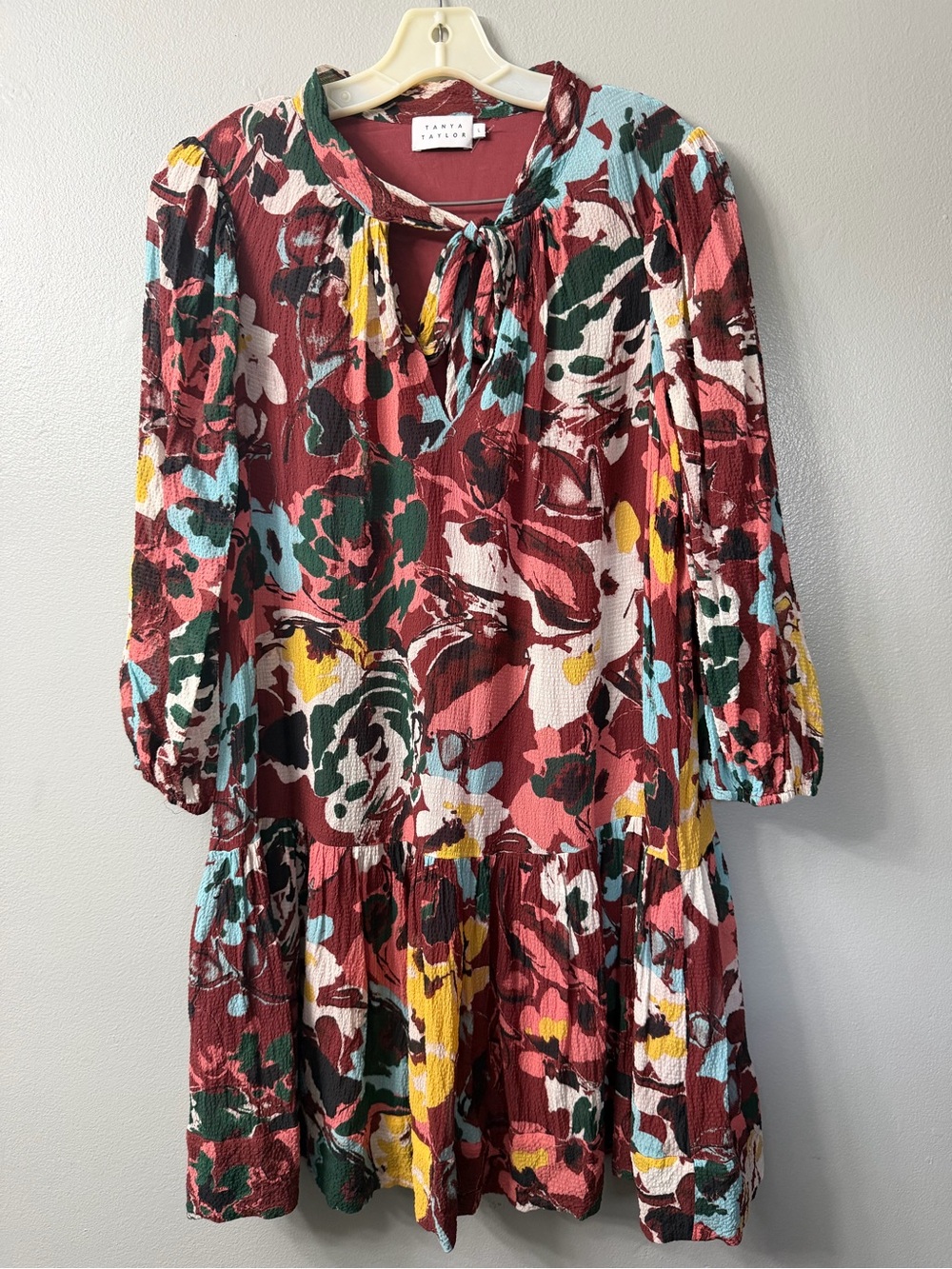 Tanya Taylor Women's Red Silk Floral Self-Tie Mini Dress Size L
